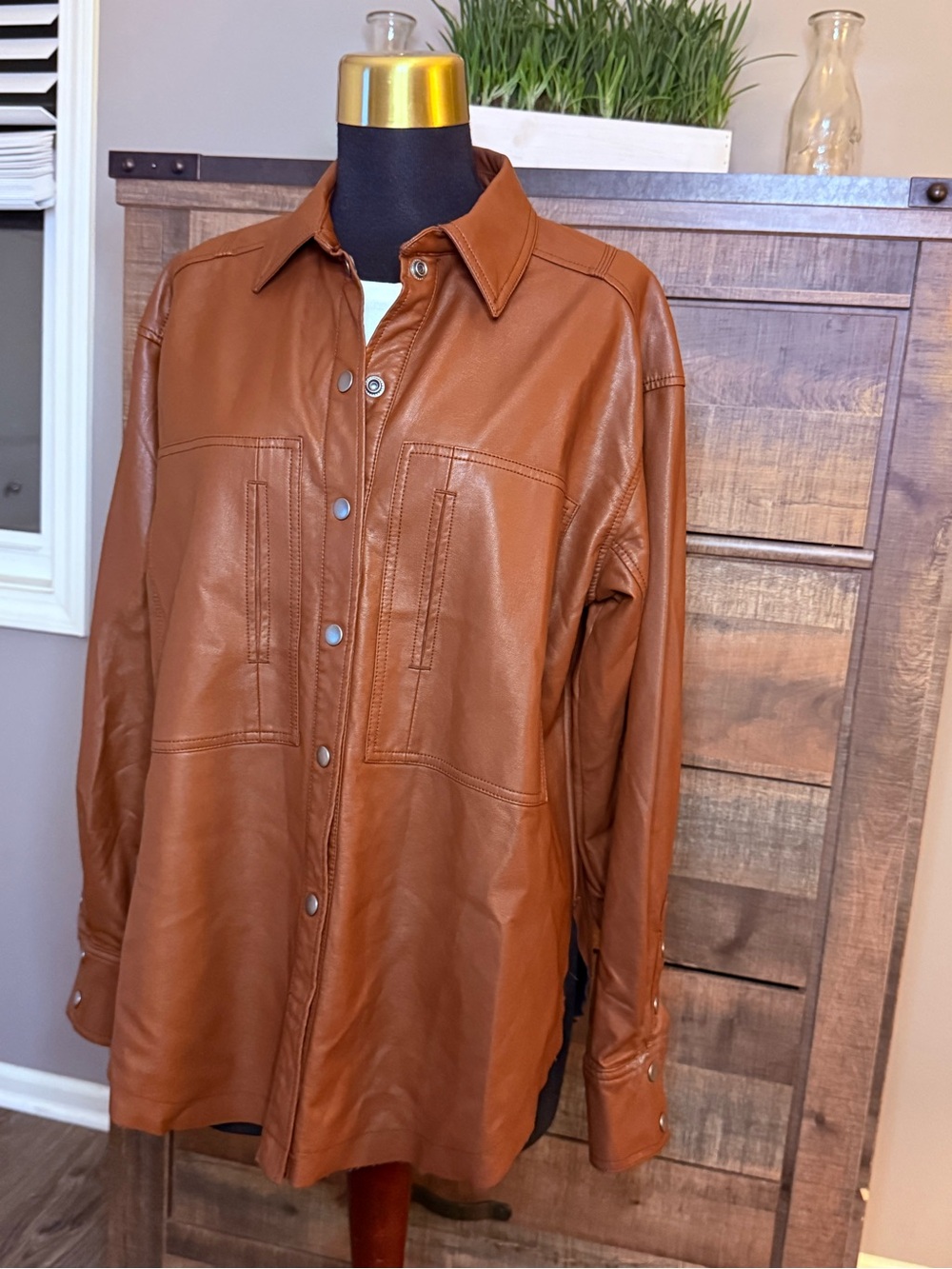 We The Free Faux Leather Shacket Women’s  XS Brown Snap Front Oversized